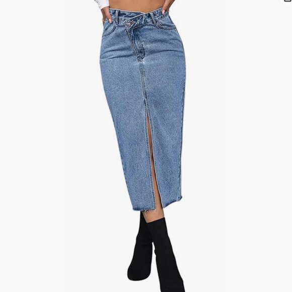 Midi Jean Skirt, Split Hem - Picture 1 of 8